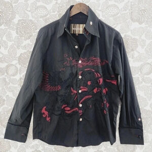 Manzini Embroidered Button down Long sleeve Men's shirt M Black